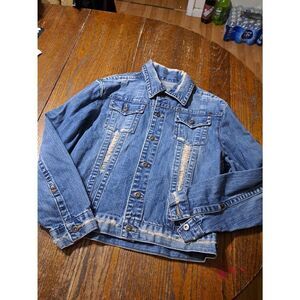 Medium Vintage Carbon Distressed Long Sleeve Button Front Denim Blue Jean Jacket